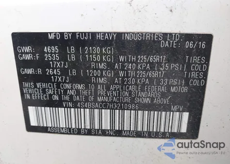 2017 Subaru Outback 2.5I Premium from USA, damaged, VIN 4S4BSACC7H3210986